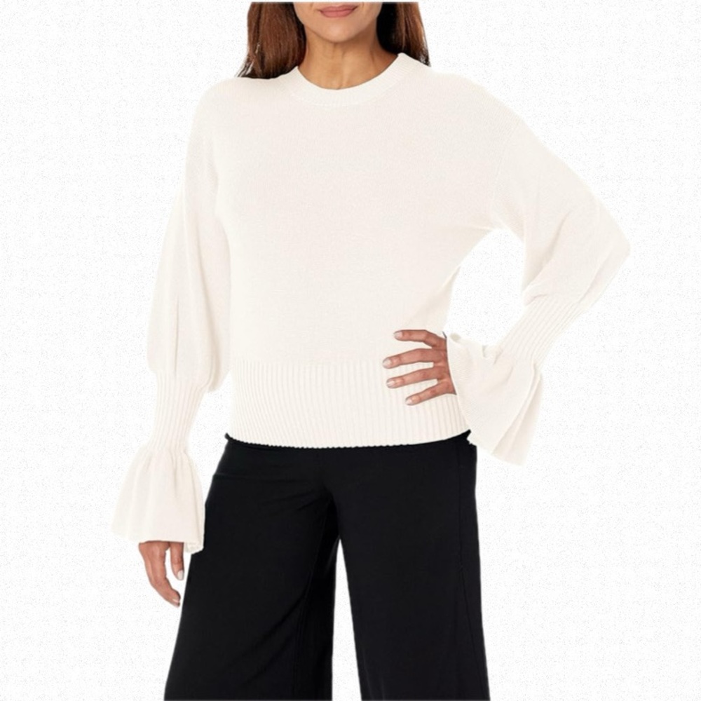 TRINA TURK CHLOE RUFFLE CREAM/ OFF WHITE WOOL PULLOVER